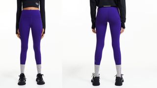 H&M DryMove Pocket Detail Running Tights in purple, worn by model, front and back view